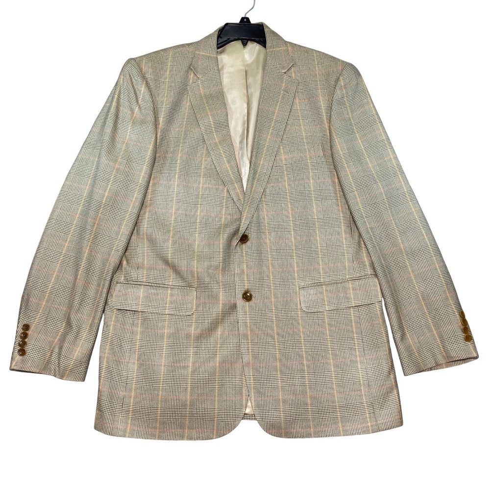 Mens 42L Blazer 100% Silk Olive Glen Plaid 2-Button Sport Coat